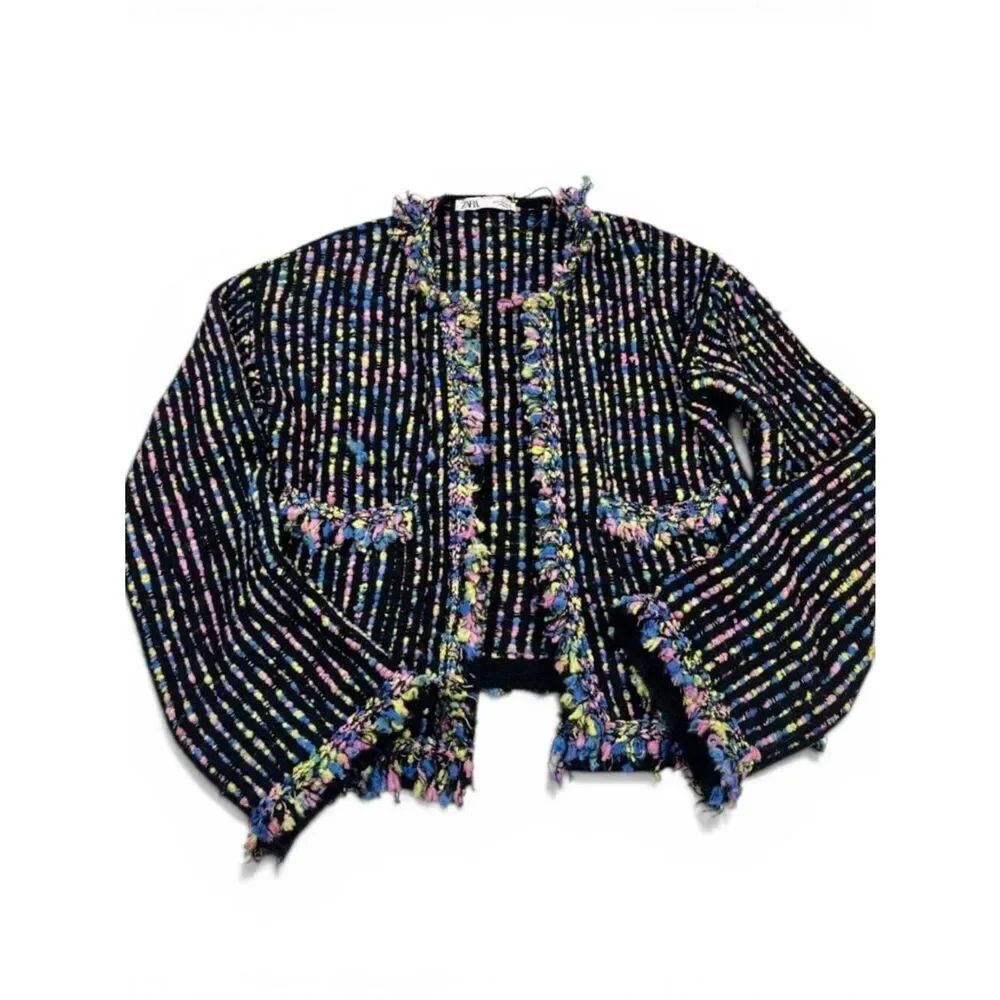 Zara Tweed Boucle Blazer Jacket Open Front Textured Preppy Frayed Textured S
